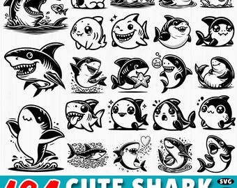 164 graziosi pacchetti SVG di squali / Divertenti animali dell'oceano DXF / File Cricut di squali kawaii / Clipart vettoriali di vita marina per lavoretti per bambini / Uso commerciale