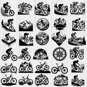 Op de afbeelding: Een verzameling van 25 zwart-wit illustraties met mountainbikers die op paden rijden. De illustraties zijn in verschillende stijlen, sommige met een realistischere uitstraling en andere met een meer gestileerde uitstraling. De illustraties zijn allemaal geplaatst tegen een achtergrond van bergen en bomen.