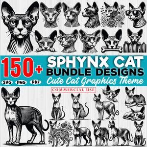 May include: A collection of 150+ black and white vector illustrations of Sphinx cats in various poses. The illustrations are perfect for creating crafts, t-shirts, mugs, and other personalized items. The text "150+ Sphinx Cat Bundle Designs" and "Cute Cat Graphics Theme" is displayed at the top of the image. The text "Commercial Use" is displayed at the bottom of the image.