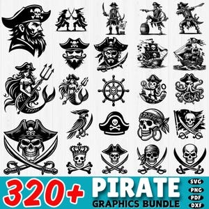320+ piraten-svg-bundel | Piraten DXF-bestanden | Skull and Crossbones gesneden bestanden | Piratenschip silhouetten | Clipart schatkaart | Commercieel gebruik