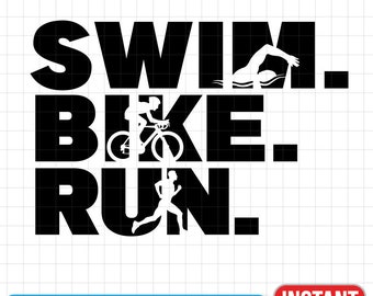 May include: Black and white graphic design with the text "Swim. Bike. Run."  Silhouettes of a swimmer, cyclist, and runner are incorporated into the design.