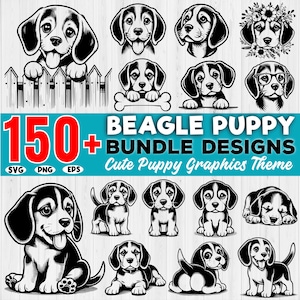 Puede incluir: Una descarga digital de más de 150 gráficos de cachorros Beagle en blanco y negro. Los gráficos están en formatos SVG, PNG y EPS. Los gráficos presentan adorables cachorros Beagle en varias poses, incluyendo sentados, de pie y durmiendo. Los gráficos son perfectos para crear camisetas, tazas, pegatinas y otras manualidades.