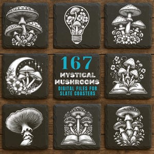Mystical Mushroom PNG Bundle: Slate Engraving Designs (Commercial Use)
