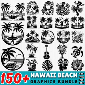 Può includere: Un pacchetto di download digitale di oltre 150 grafiche di spiaggia hawaiana in bianco e nero. Le grafiche includono palme, fiori, un ukulele, una tartaruga, infradito, un ananas e molto altro. Le grafiche sono perfette per creare t-shirt, tazze, borse a tracolla e altri lavoretti.