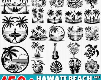 Paquete de más de 150 archivos SVG de playas hawaianas / Archivos de corte de palmeras tropicales y atardeceres / Diseños de tablas de surf, océano y Aloha / Descarga instantánea / Uso comercial