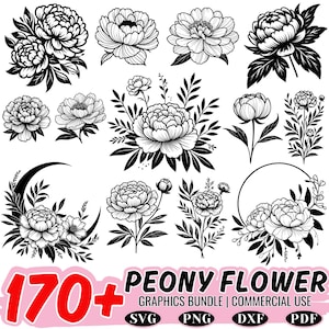 170+ Peony flower svg bundle | floral line art cut files | cricut dxf png pdf | botanical peony clipart | elegant flower design