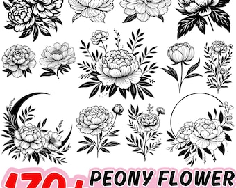 Peony Flower SVG Bundle: Floral Line Art, Cricut Cut Files (Digital Download)