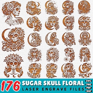 Laser engraving files 176 Floral Skull Laser SVG | Sugar Skull DXF Bundle | Decorative Calavera Cut Files | Dia de los Muertos Glowforge Art