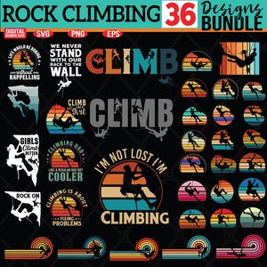Puede incluir: Un conjunto de 36 diseños de escalada en roca en un paquete. Los diseños presentan gráficos de estilo retro con una variedad de colores, que incluyen rojo, naranja, amarillo, verde, azul y morado. Los diseños incluyen texto como "Climb", "Girls Climb Better", "Climbing Dad", "I'm Not Lost I'm Climbing", y "Rock On".