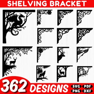 May include: Black shelving brackets featuring diverse decorative patterns, such as a dragon, floral motifs, deer, and a wolf. The image also displays the text "SHELVING BRACKET" and "362 DESIGNS".