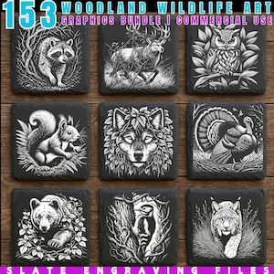 153 Woodland Wildlife Art PNG Bundle | Slate Engraving Files | Deer Bear Fox Wolf Digital Designs | Rustic Animal Clipart | Commercial Use