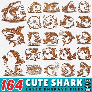 Laser engraving files 164 Shark Laser Cut Files | Cute Ocean Animal SVG | Sea Life DXF Bundle | Kawaii Shark Vector for Glowforge