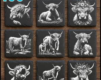195 Highland Cow Slate Engraving Files: Farm Animal PNG Bundle for Engraving Designs | Commercial Use