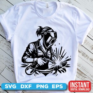 May include: Black and white illustration of a welder wearing a welding mask and holding a welding torch. The welder is surrounded by sparks and flames.