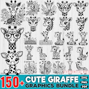 Peut inclure: Un téléchargement numérique de plus de 150 vecteurs graphiques en noir et blanc de girafes mignonnes dans diverses poses. Les graphiques sont parfaits pour l'artisanat, le scrapbooking et autres projets créatifs. Le texte "150+ Cute Giraffe Graphics Bundle" est en bas de l'image. Le texte "SVG, PNG, PDF" est dans le coin inférieur droit de l'image.
