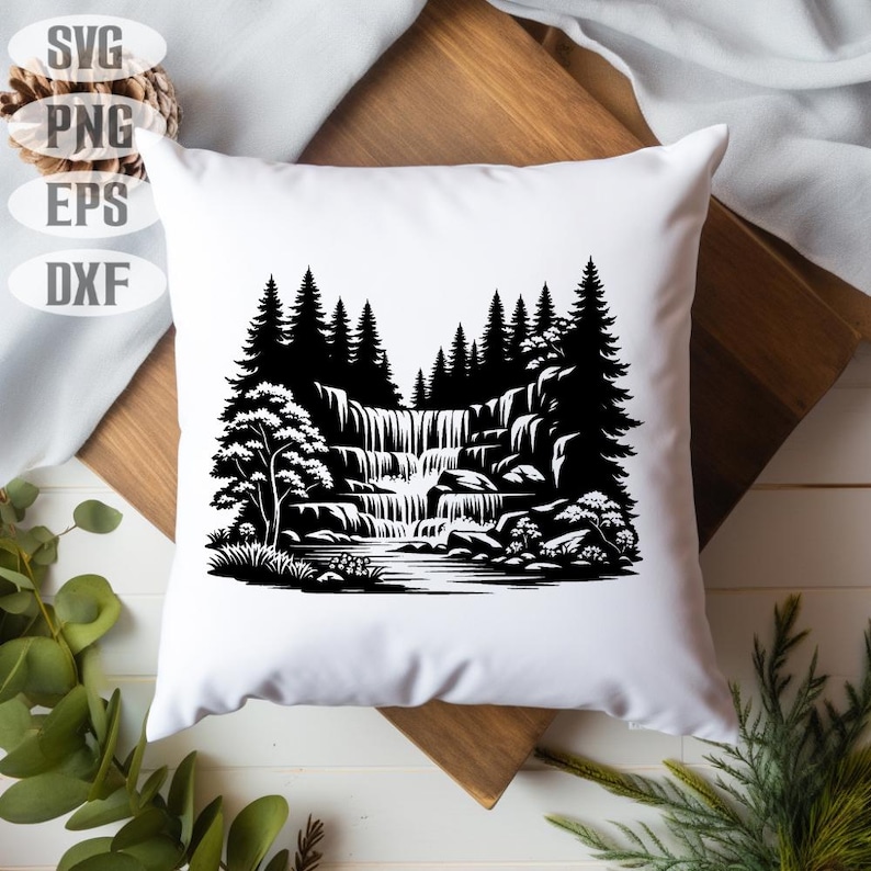 May include: Black and white silhouette of a waterfall cascading down a rocky cliff face, surrounded by a forest of trees.