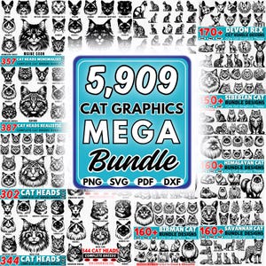 May include: A digital art bundle featuring 5,909 cat graphics. The image showcases various cat breeds, including Maine Coon, Devon Rex, Siberian, and Himalayan, in minimalist and realistic styles. Formats include PNG, SVG, PDF, and DXF.