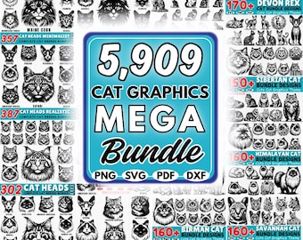 Könnte beinhalten: Ein digitales Kunstpaket mit 5.909 Katzengrafiken. Das Bild zeigt verschiedene Katzenrassen, darunter Maine Coon, Devon Rex, Sibirische Katze und Himalaya-Katze, in minimalistischen und realistischen Stilen. Formate: PNG, SVG, PDF und DXF.