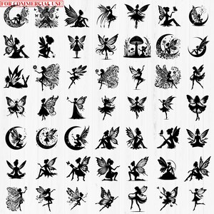 May include: A collection of 48 black and white silhouette images of fairies. The fairies are depicted in various poses, including flying, sitting, and standing. Some fairies are holding flowers, butterflies, or other objects. The images are perfect for use in crafts, scrapbooking, or digital design.
