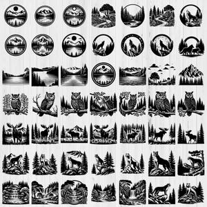 May include: A set of 40 black and white vector illustrations featuring various nature scenes, animals, and landscapes. The illustrations include mountains, forests, rivers, waterfalls, owls, wolves, and deer.