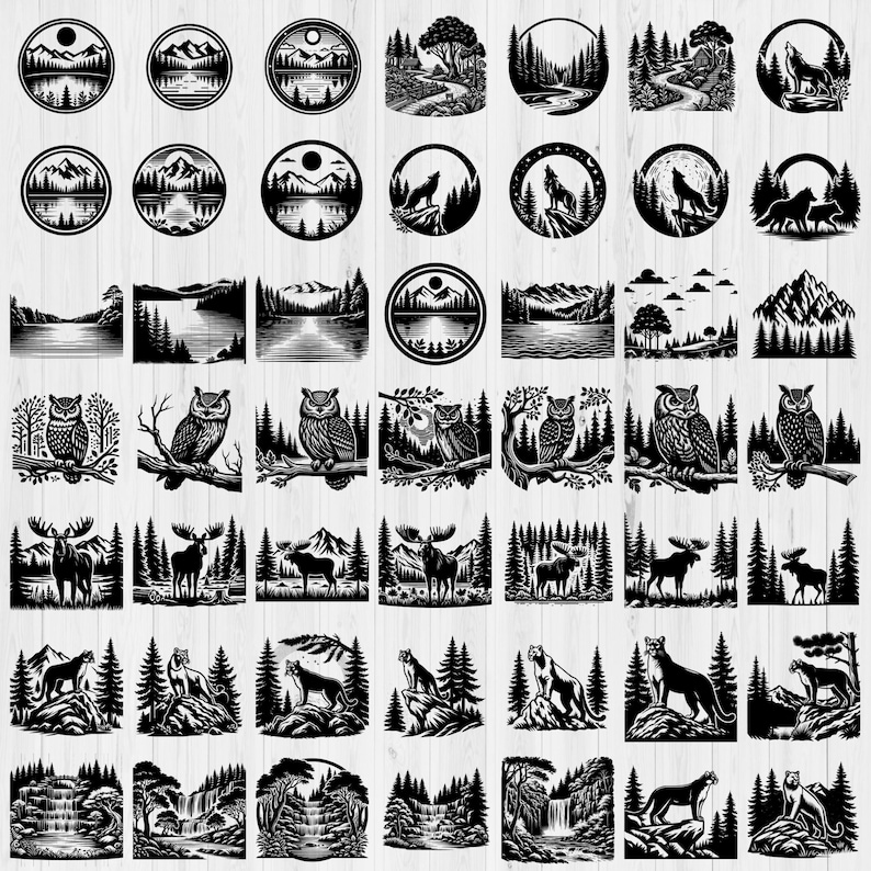 May include: A set of 40 black and white vector illustrations featuring various nature scenes, animals, and landscapes. The illustrations include mountains, forests, rivers, waterfalls, owls, wolves, and deer.