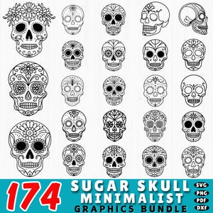 174 Sugar Skull Minimalist SVG | Simple Calavera Cut Files | Day of the Dead Cricut Bundle | Halloween Skull DXF Designs | Commercial Use
