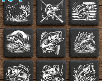 Könnte beinhalten: Neun schwarze Schieferuntersetzer mit weißen Bassfisch-Designs. Die Untersetzer zeigen verschiedene Illustrationen von Bassfischen, Angelszenen und den Text "184 BASS FISH DESIGNS" und "INSTANT DOWNLOAD I COMMERCIAL USE".