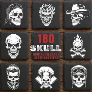 180 Schädel Schiefergravur PNG Bundle, Gothic Skelett Knochen Lasergravurdateien, kommerzielle Nutzung inbegriffen