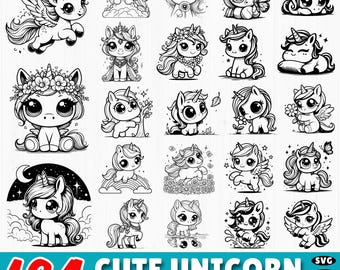 May include: A collection of 20 black and white illustrations of cute unicorns in various poses. Some unicorns have wings, flowers, or butterflies. The image includes the text "164 CUTE UNICORN GRAPHICS BUNDLE" in red and blue.