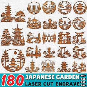 Pode incluir: Uma coleção de 180 designs gravados a laser com cenas de jardins japoneses. Os designs incluem pagodes, pontes, árvores e portões tradicionais. Os designs estão em uma variedade de formas circulares e retangulares.