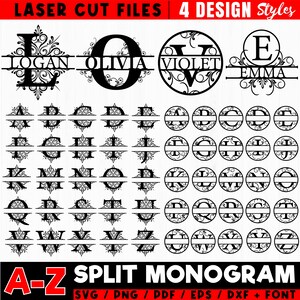 May include: Black and white split monogram designs in various styles. The image includes the letters A-Z, with examples of names like Logan, Olivia, Violet, and Emma. The text at the top reads "LASER CUT FILES 4 DESIGN Styles". The bottom text says "A-Z SPLIT MONOGRAM".