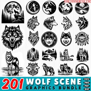 201 Wolf Scene SVG Bundle | Forest Wolf Silhouette Cut Files | Howling Wolf SVG | Wildlife Cricut | Animal Scene Clipart | Digital Download