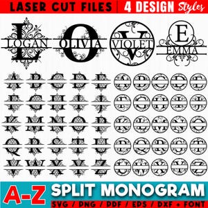 Może przedstawiać: Czarno-białe wzory monogramów dzielonych z literami od A do Z. Obraz zawiera przykłady z imionami takimi jak Logan, Olivia, Violet i Emma. Tekst na górze brzmi "LASER CUT FILES 4 DESIGN Styles".