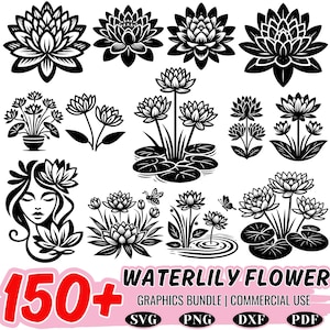 Pode incluir: Uma coleção de gráficos de flores de nenúfar em preto e branco. A imagem inclui vários designs de nenúfares, alguns com folhas e caules, e um gráfico do rosto de uma mulher com nenúfares no cabelo. O texto diz "150+ WATERLILY FLOWER GRAPHICS BUNDLE | COMMERCIAL USE".