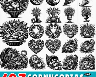 107 Füllhorn SVG-Bundle: Ernte Clipart, Thanksgiving Horn of Plenty, Herbst Dekor Design (Kommerzielle Nutzung)