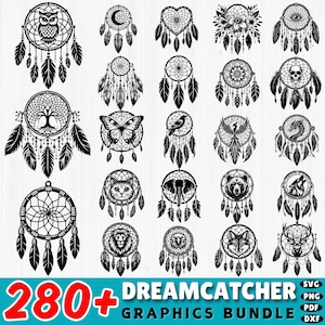 Könnte beinhalten: Ein Set mit über 280 Schwarzweiß-Traumfänger-Grafiken. Die Grafiken zeigen verschiedene Designs, darunter Tiere, Pflanzen und geometrische Muster. Die Grafiken sind perfekt für Basteln, Scrapbooking und andere kreative Projekte.