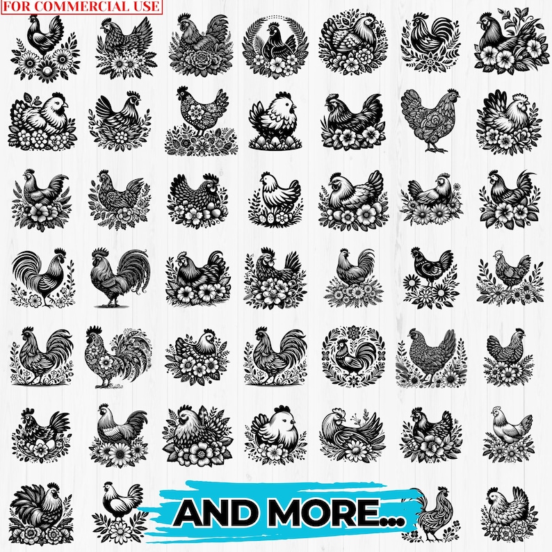 112 Floral chicken svg bundle | hen & rooster flower cut files | cricut svg dxf png pdf designs | farmhouse craft art | commercial use image 3