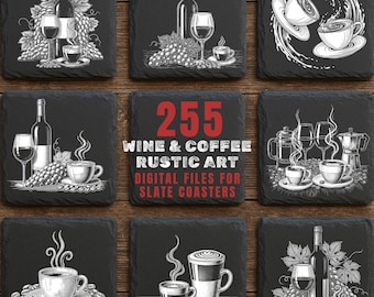 255 wijn en koffie PNG-bundel, leisteengravure clipartset, koffiemok en wijnglas silhouetontwerpen, digitale download, commercieel gebruik
