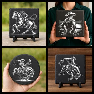 May include: A collection of black slate coasters and tiles featuring white line art illustrations of cowboys riding horses and bulls. The designs include a cowboy roping a horse, a cowboy in a rodeo arena, and a cowboy riding a bucking bull.