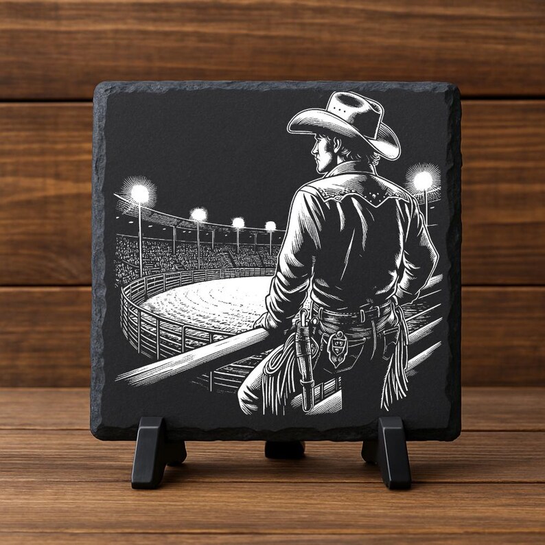 May include: Black and white illustration of a cowboy in a rodeo arena, etched on a square slate coaster. The cowboy is wearing a hat and looking at the arena. The coaster is displayed on a black stand.