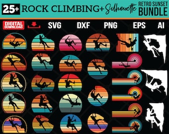 Retro zonsondergang rotsklimmen SVG-bundel: silhouetontwerpen (digitale download)