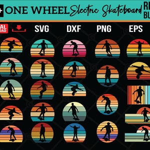 Könnte beinhalten: Ein Set mit über 20 digitalen Design-Dateien, die Silhouetten von Personen zeigen, die auf einrädrigen Elektro-Skateboards vor einem Retro-Sonnenuntergang fahren. Die Dateien sind in den Formaten SVG, DXF, PNG, EPS und AI verfügbar.