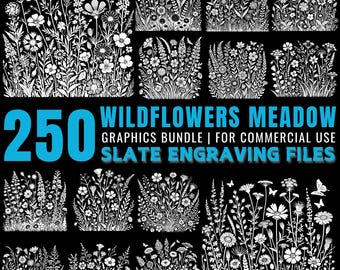 Wildflower Meadow PNG Bundle: Botanical Line Art Clipart for Slate Engraving (Commercial Use)