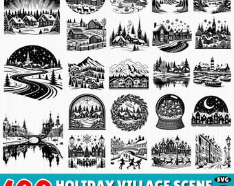 Op de afbeelding: Een verzameling van 160 zwart-wit afbeeldingen van vakantiedorpscenes. De afbeeldingen tonen verschillende winterse taferelen, waaronder huizen, kerken en landschappen. De tekst "HOLIDAY VILLAGE SCENE GRAPHICS BUNDLE" wordt eronder weergegeven.