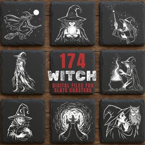 May include: A collection of eight square black slate coasters featuring white line art illustrations of witches, including figures on broomsticks, with crystal balls, cauldrons, and owls. The center coaster displays the red and white text 174 WITCH DIGITAL FILES FOR SLATE COASTERS.