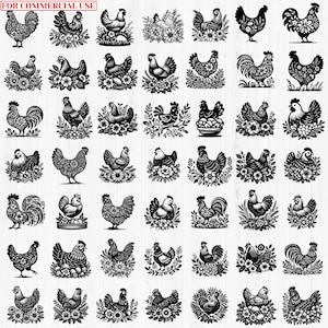 112 Floral chicken svg bundle | hen & rooster flower cut files | cricut svg dxf png pdf designs | farmhouse craft art | commercial use image 2