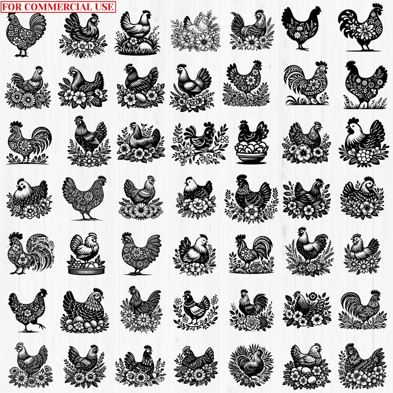 112 Floral chicken svg bundle | hen & rooster flower cut files | cricut svg dxf png pdf designs | farmhouse craft art | commercial use image 2