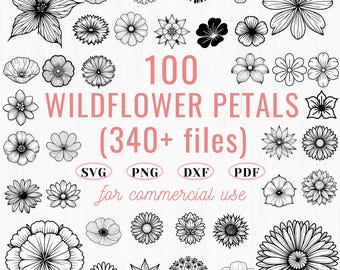 May include: A collection of 100 black and white wildflower petal illustrations. The illustrations are in various shapes and sizes, and are perfect for crafting and design projects. The text "100 WILDFLOWER PETALS (340+ files)" is displayed in the center of the image. The text "SVG PNG DXF PDF for commercial use" is displayed below the main text.