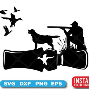May include: Black and white silhouette of a hunter with a shotgun, a dog, and ducks flying overhead. The hunter is standing in a field of tall grass. The dog is sitting in front of the hunter. The ducks are flying in a V-formation.