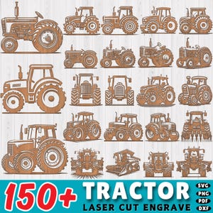 May include: A collection of 150+ tractor SVG, PNG, PDF, and DXF files for laser cutting and engraving. The image shows a variety of tractor designs, including classic and modern styles.